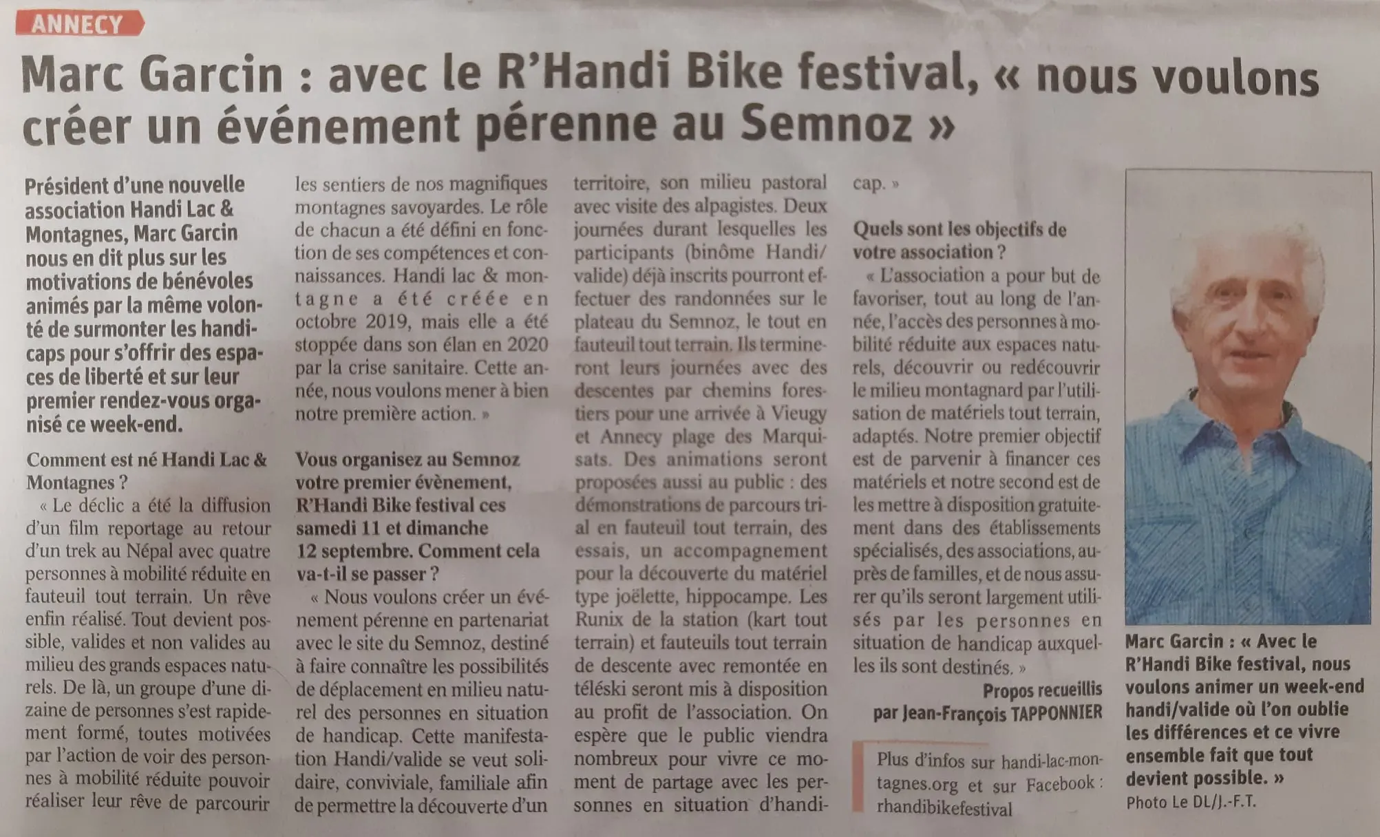 Article du Dauphiné Libéré paru le 09 septembre 2021 avec pour titre "Marc Garcin: avec le R'Handi Bike Festival, nous voulons créer un événement pérenne au Semnoz"