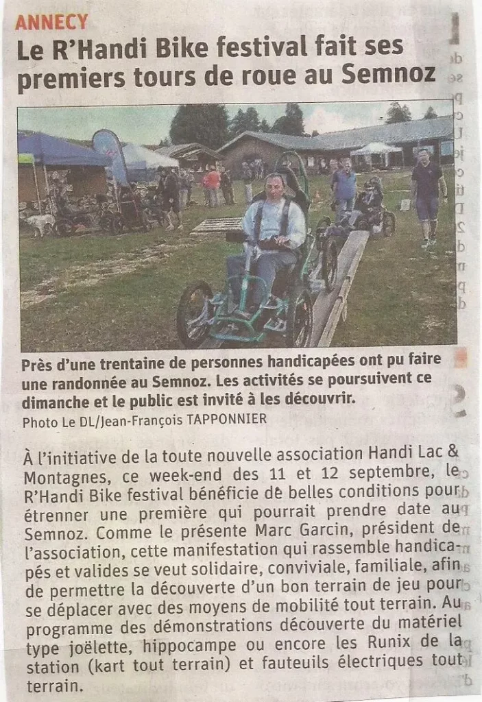 Article du Dauphiné Libéré paru le 11 septembre 2021 avec pour titre "Le R'Handi Bike Festival fait ses premiers tours de roue au Semoz"