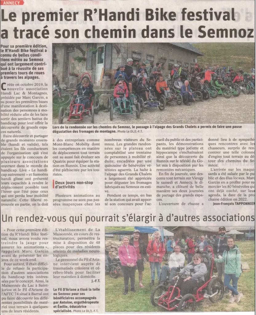 Article du Dauphiné Libéré paru le 13 septembre 2021 avec pour titre "Le premier R'Handi Bike Festival a tracé son chemin dans le Semnoz"