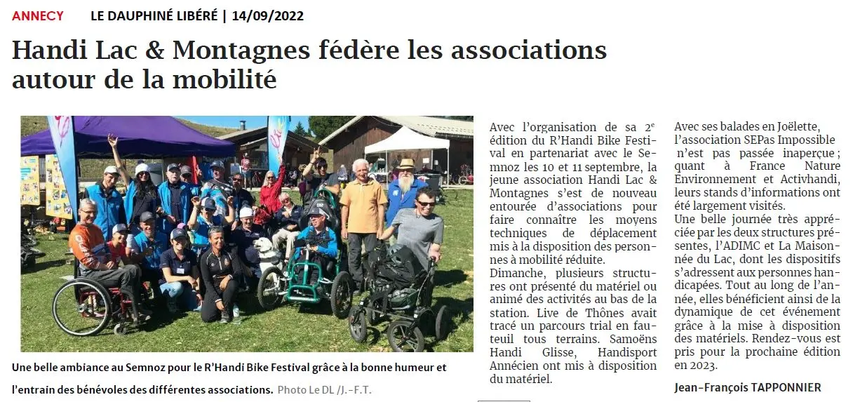 Article du Dauphiné Libéré paru le 14 septembre 2022 avec pour titre "Handi Lac et Montagnes fédère les associations autour de la mobilité"