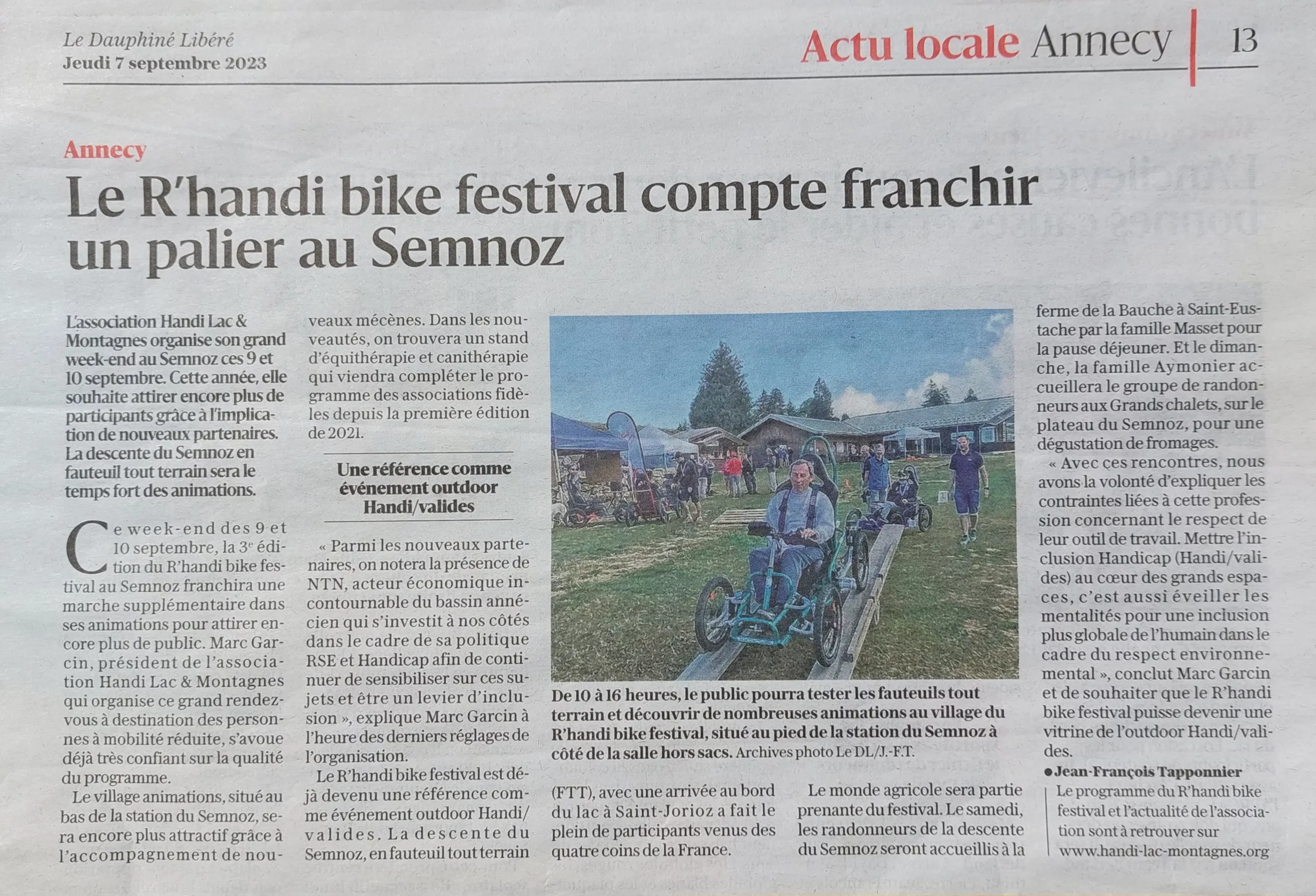 Article du Dauphiné Libéré paru le 07 septembre 2023 avec pour titre "Le R'handi bike festival compte franchir un palier au Semnoz"