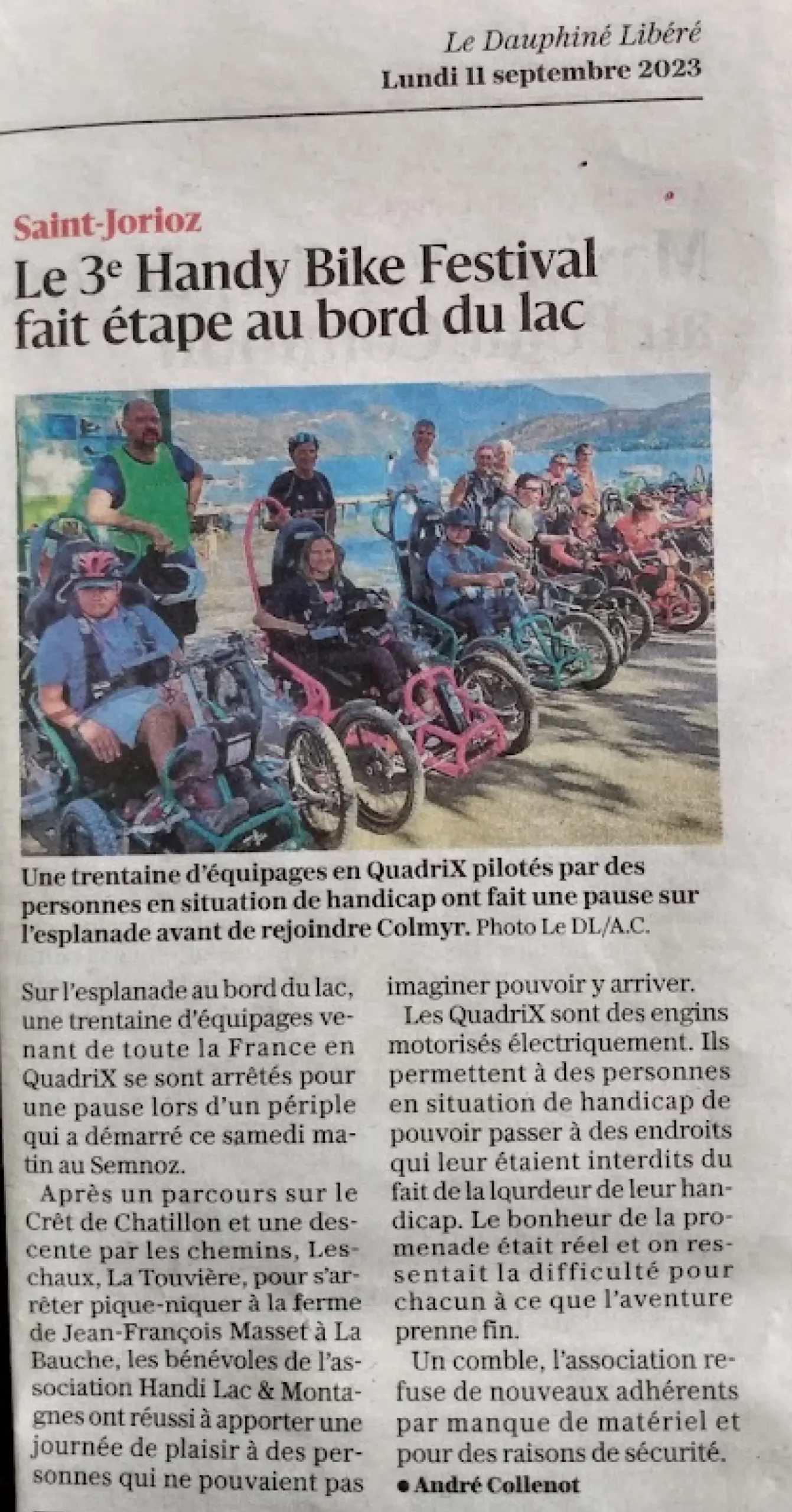Article du Dauphiné Libéré paru le 11 septembre 2023 avec pour titre "Le 3e Handy Bike Festival fait étape au bord du lac"