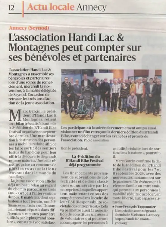 Article du Dauphiné Libéré paru le 18 novembre 2023 avec pour titre "L'association Handi Lac & Montagnes peut compter sur ses bénévoles et partenaires"