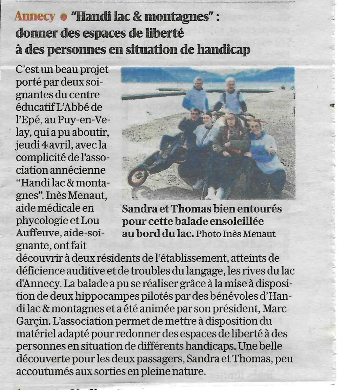 Article du Dauphiné Libéré paru le 07 avril 2024 avec pour titre "Handi Lac & Montagnes: donner des espaces de liberté à des personnes en situation de handicap"