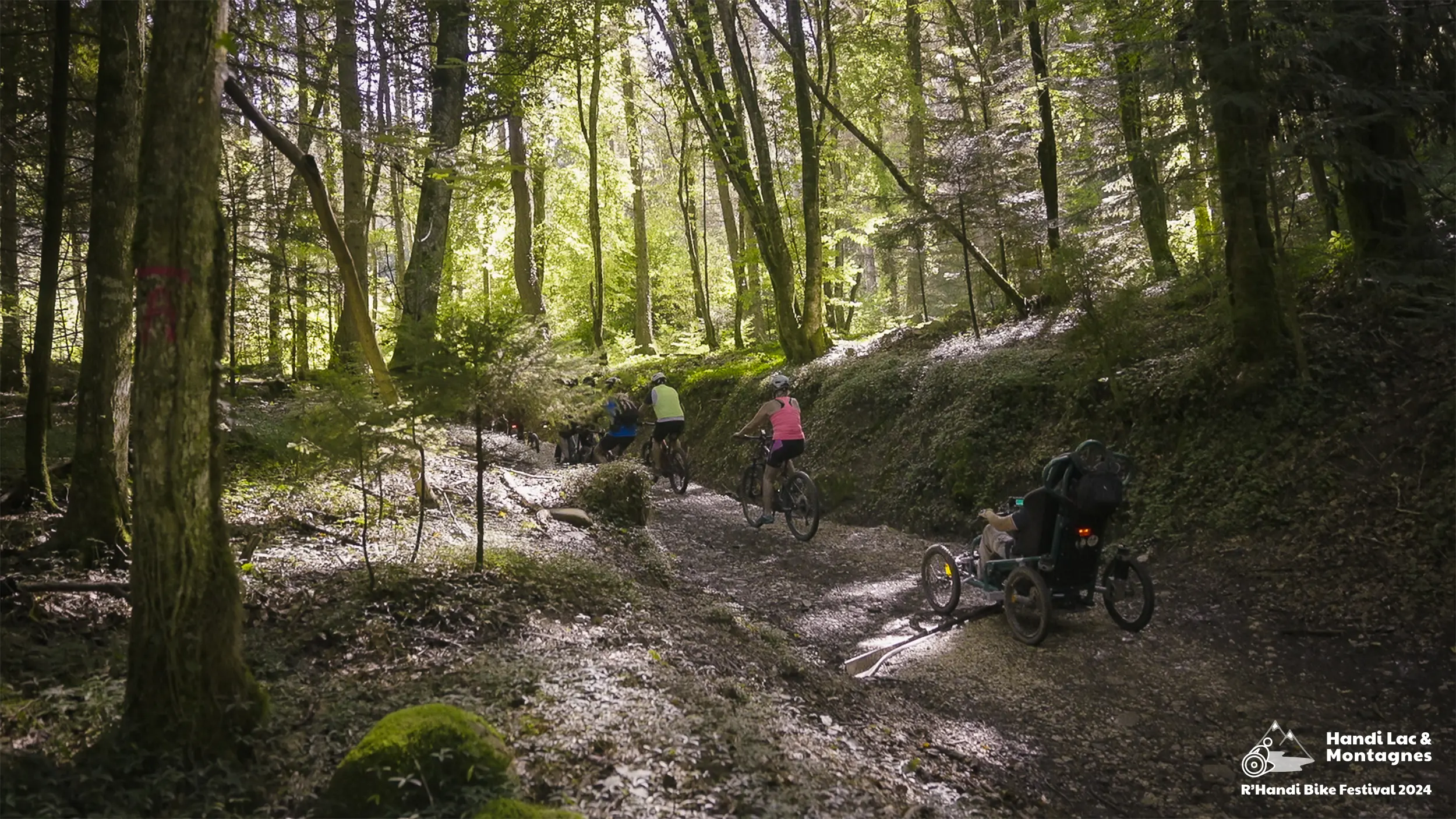 Des participants du R'Handi Bike Festival 2024 dans les bois du Semnoz