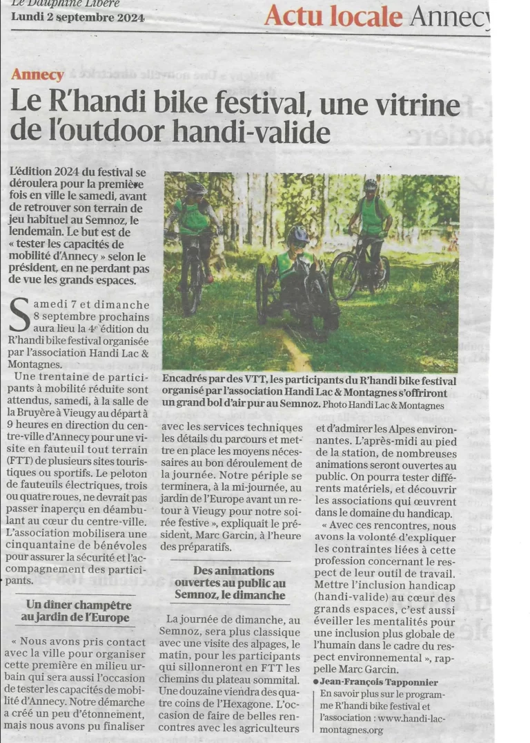 Article du Dauphiné Libéré paru le 01 septembre 2024 avec pour titre "Le R'Handi Bike Festival, une vitrine de l'outdoor handi-valide"