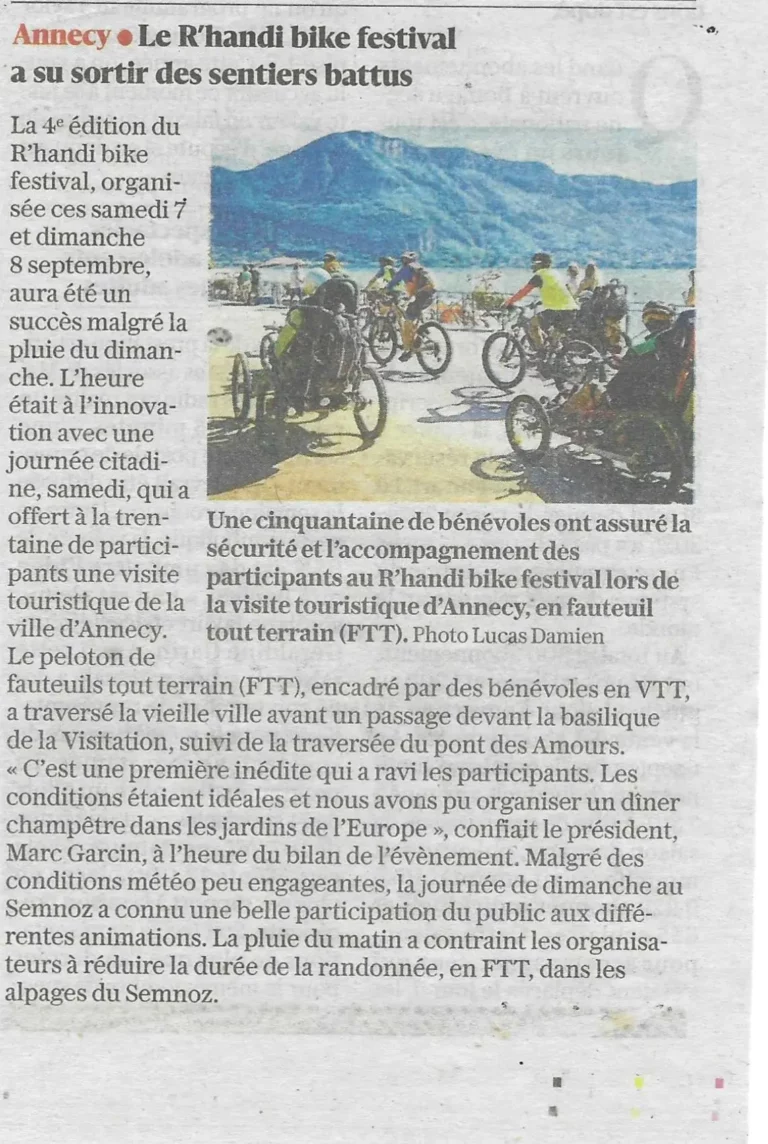 Article du Dauphiné Libéré paru le 10 septembre 2024 avec pour titre "Le R'Handi Bike Festival a su sotir des sentiers battus"