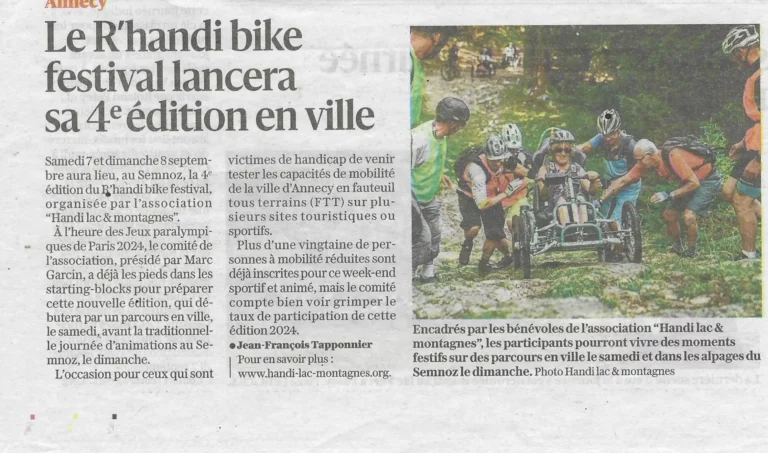 Article du Dauphiné Libéré paru le 28 aout 2024 avec pour titre "Le R'Handi Bike Festival lancera sa 4ème édition en ville"