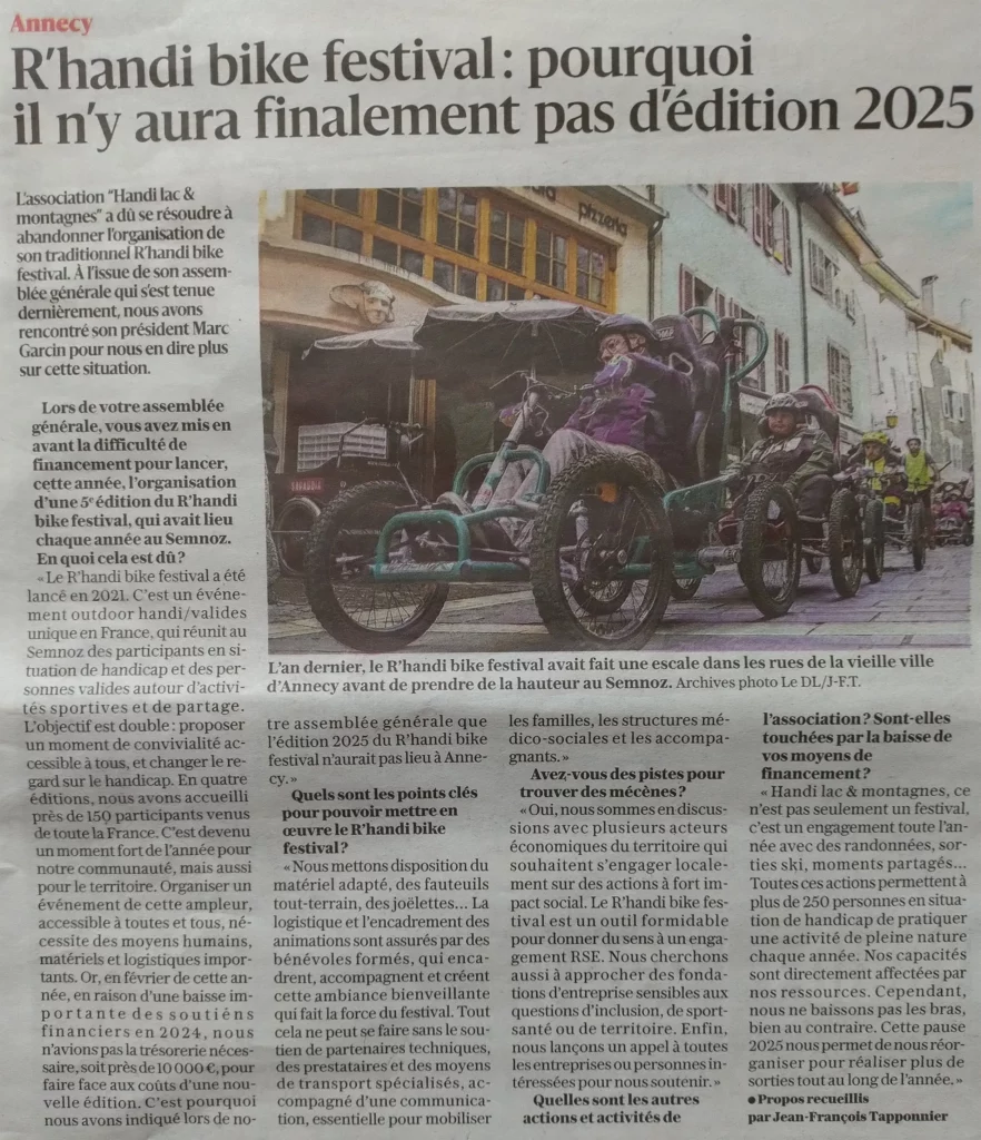 Article du Dauphiné Libéré paru le 03 juin 2025 avec pour titre "R’handi bike festival : pourquoi il n’y aura finalement pas d’édition 2025 "