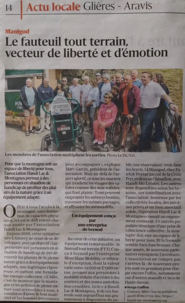 Article du Dauphiné Libéré paru le 18 juillet 2025 avec pour titre "Le fauteuil tout terrain, vecteur de liberté et d’émotion"