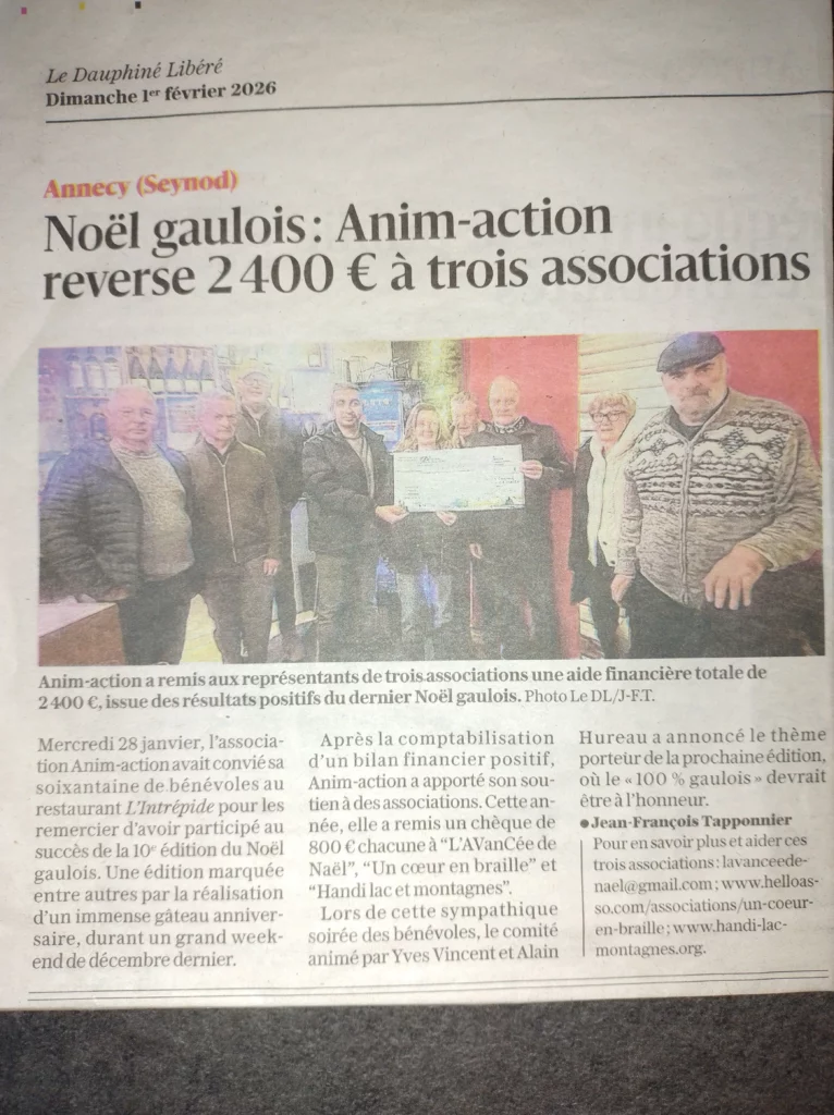 Article du Dauphiné Libéré paru le 01 février 2026 avec pour titre "Noël gaulois: Anim-action reverse 2400 € à trois associations"