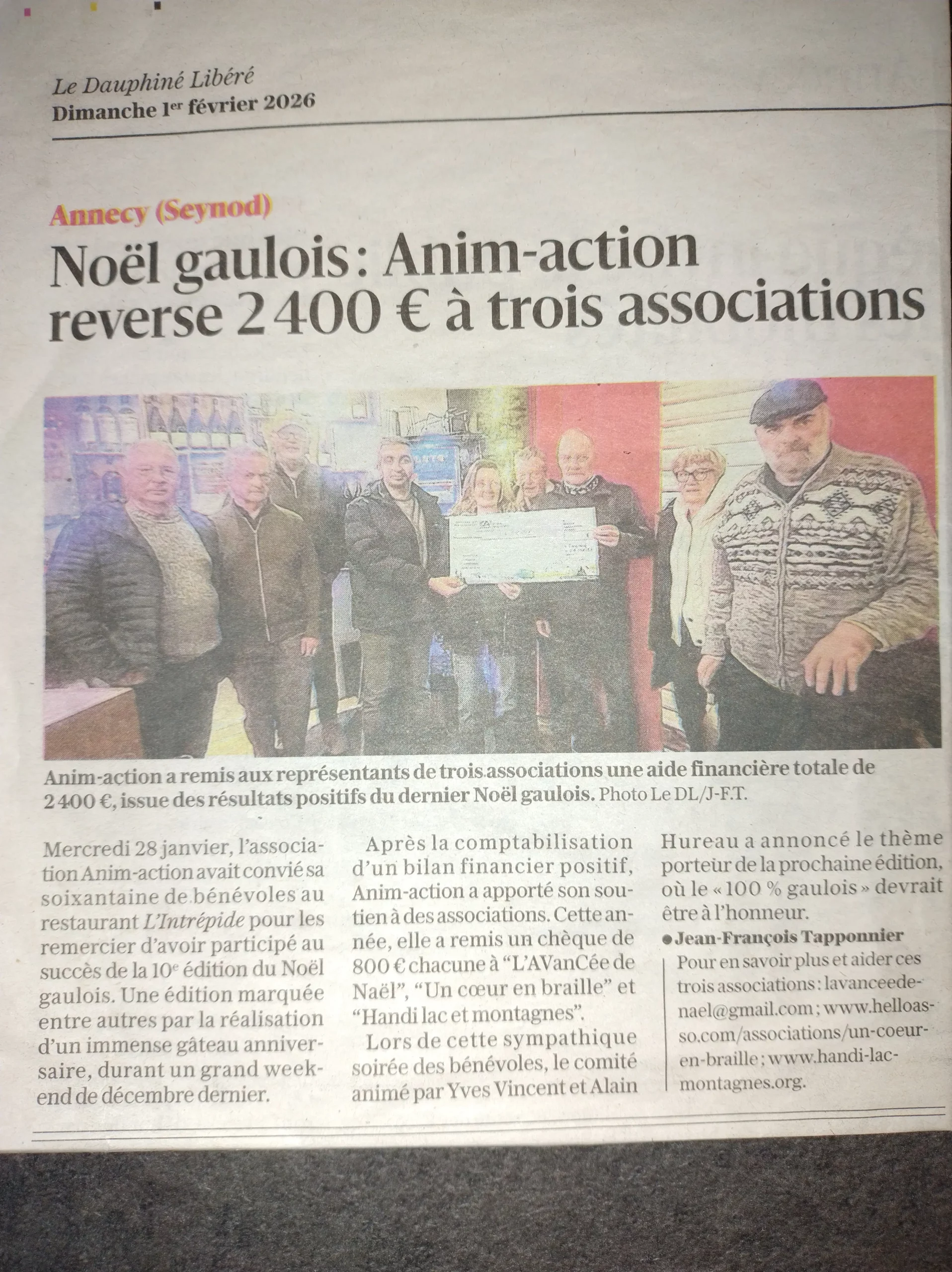 Article du Dauphiné Libéré paru le 01 février 2026 avec pour titre "Noël gaulois: Anim-action reverse 2400 € à trois associations"