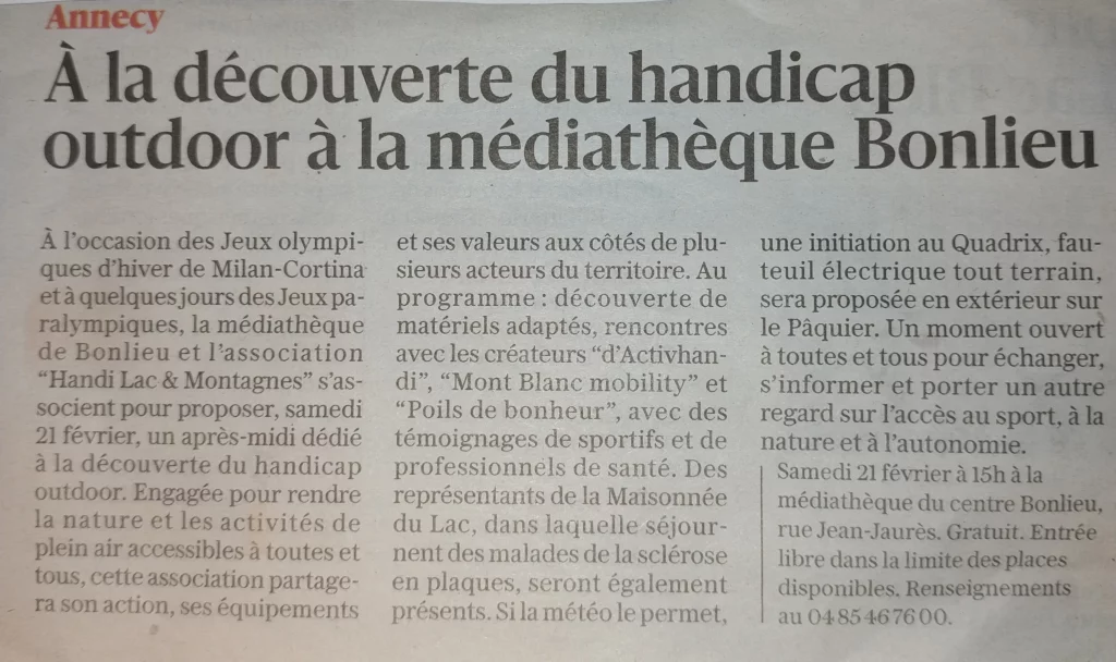 Article du Dauphiné Libéré paru le 17 février 2026 avec pour titre "A la découverte du handicap outdoor à la médiathèque Bonlieu"