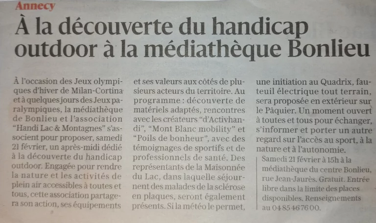 Article du Dauphiné Libéré paru le 17 février 2026 avec pour titre "A la découverte du handicap outdoor à la médiathèque Bonlieu"