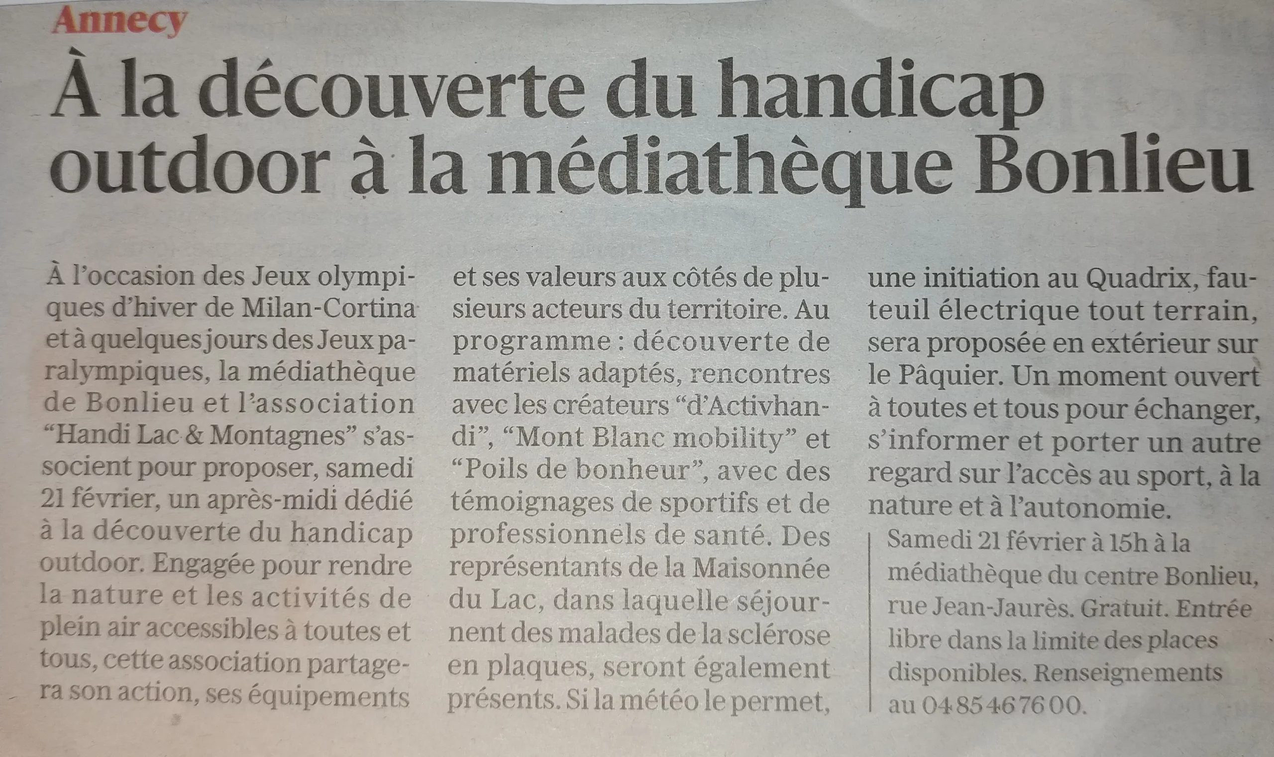 Article du Dauphiné Libéré paru le 17 février 2026 avec pour titre "A la découverte du handicap outdoor à la médiathèque Bonlieu"