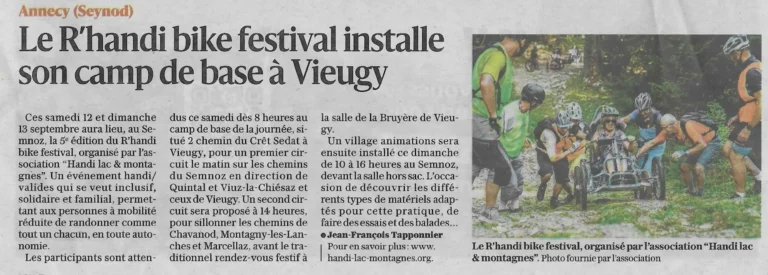 Article du Dauphiné Libéré paru le 11 septembre 2026 avec pour titre "Le R'handi bike festival installe son camp de base à Vieugy"